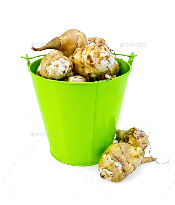 Jerusalem artichokes in a green bucket and on the table Stock Photo by